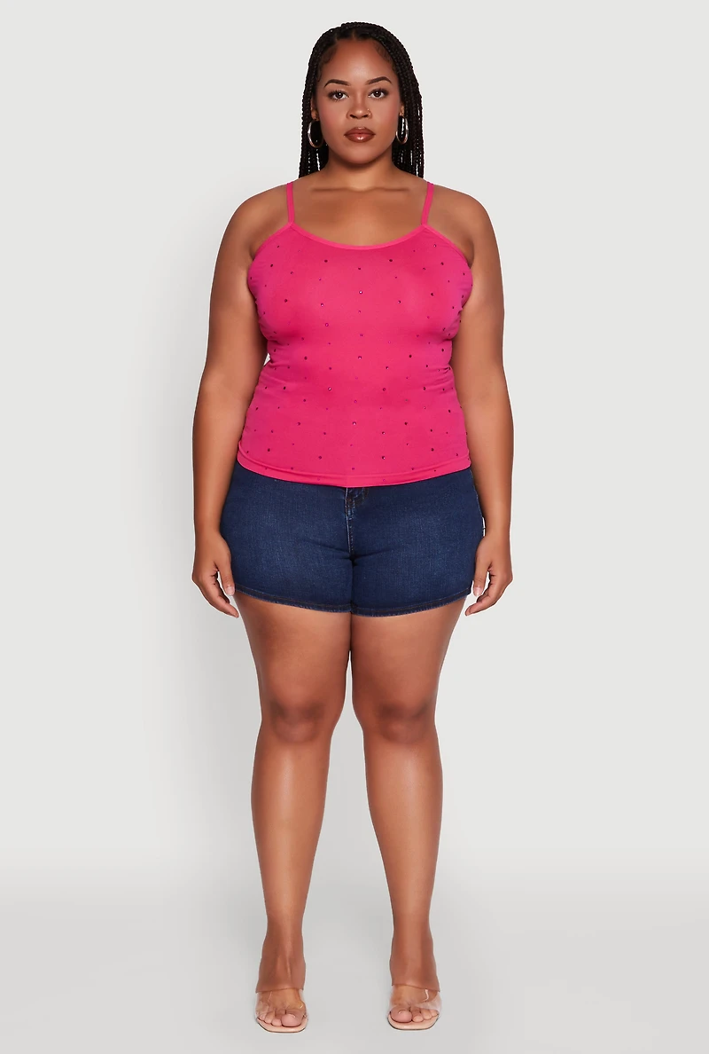 Womens Plus Size Seamless Rhinestone Detail Cami, Pink, Size 1X-2X