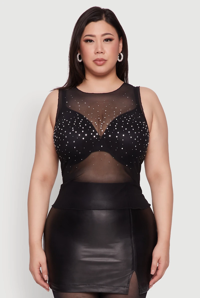 Womens Plus Size Sparkling Rhinestone Mesh Tank Top, Black, Size 2X
