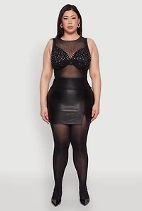 Womens Plus Size Sparkling Rhinestone Mesh Tank Top, Black, Size 2X