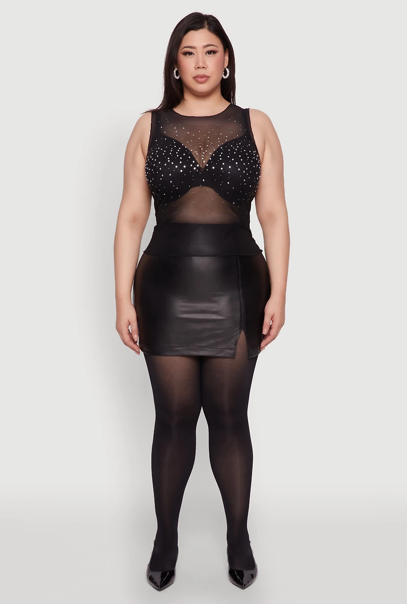 Womens Plus Size Sparkling Rhinestone Mesh Tank Top, Black, Size 2X
