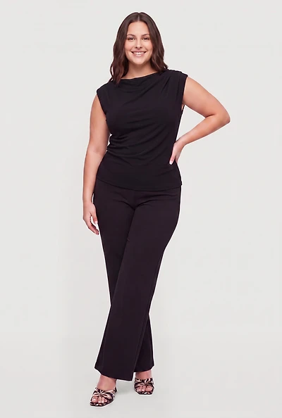 Plus Crepe Knit Side Ruched Boat Neck Blouse