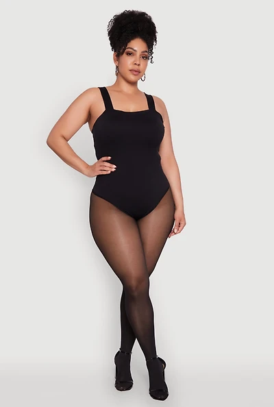 Womens Plus Trendy Seamless Square Neck Shelf Bra Bodysuit, 1X-2X