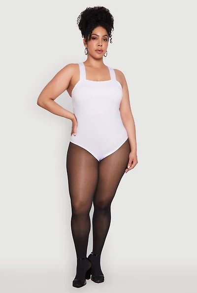 Womens Plus Size Trendy Seamless Square Neck Shelf Bra Bodysuit, White, Size 1X-2X