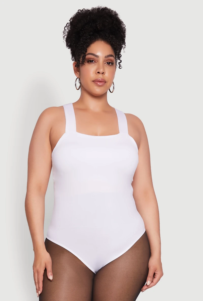 Womens Plus Size Trendy Seamless Square Neck Shelf Bra Bodysuit, White, Size 1X-2X