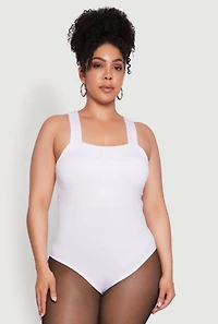Womens Plus Size Trendy Seamless Square Neck Shelf Bra Bodysuit, White, Size 1X-2X