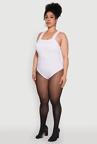 Womens Plus Size Trendy Seamless Square Neck Shelf Bra Bodysuit, White, Size 1X-2X