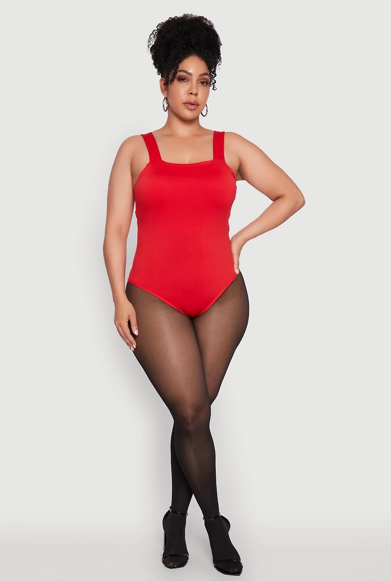 Womens Plus Size Trendy Seamless Square Neck Shelf Bra Bodysuit, Red, Size 1X-2X