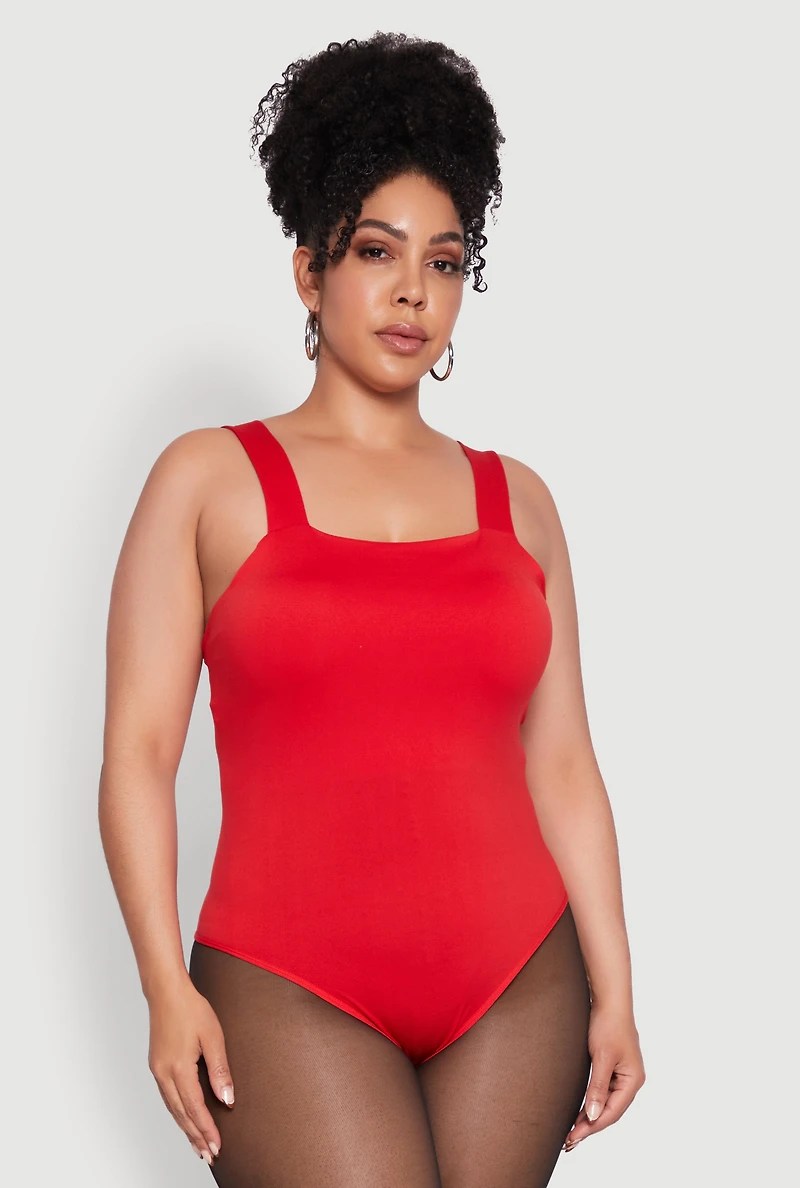 Womens Plus Size Trendy Seamless Square Neck Shelf Bra Bodysuit, Red, Size 1X-2X