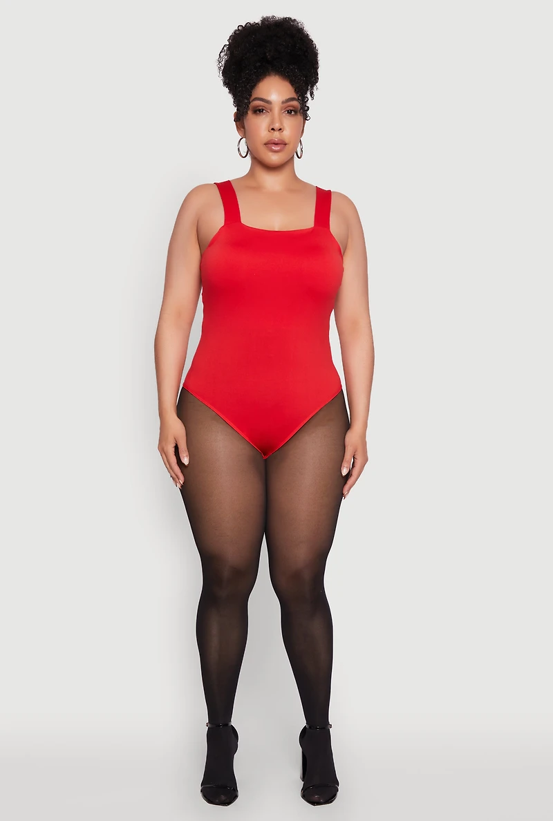 Womens Plus Size Trendy Seamless Square Neck Shelf Bra Bodysuit, Red, Size 1X-2X