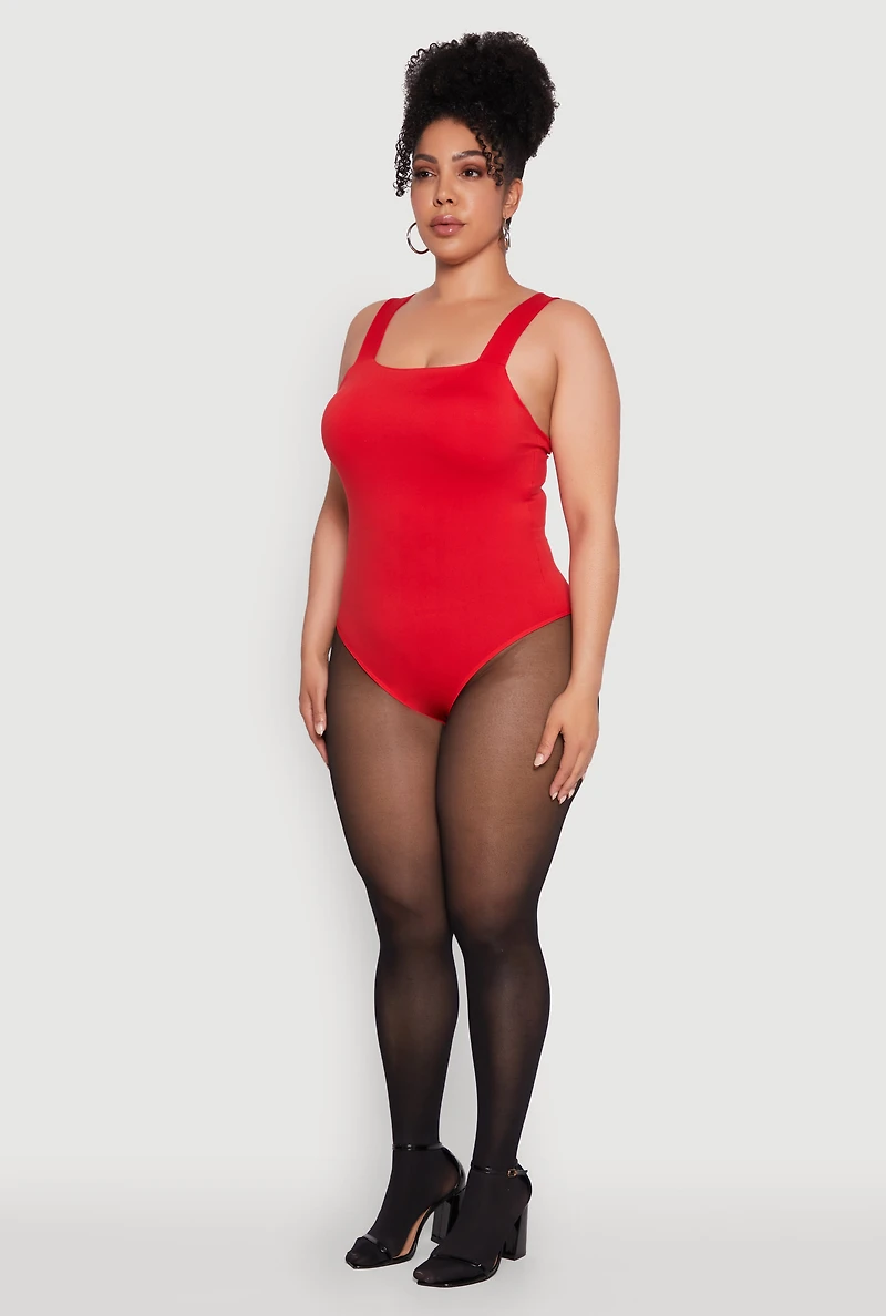 Womens Plus Size Trendy Seamless Square Neck Shelf Bra Bodysuit, Red, Size 1X-2X