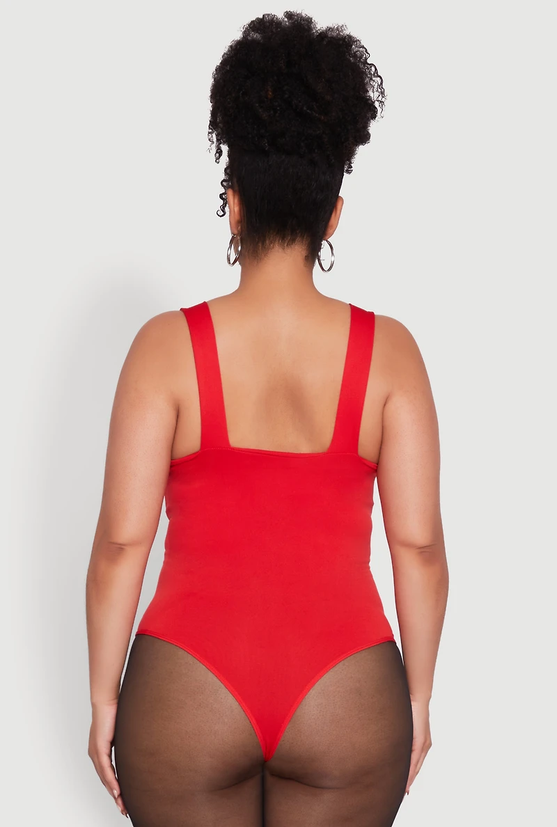 Womens Plus Size Trendy Seamless Square Neck Shelf Bra Bodysuit, Red, Size 1X-2X