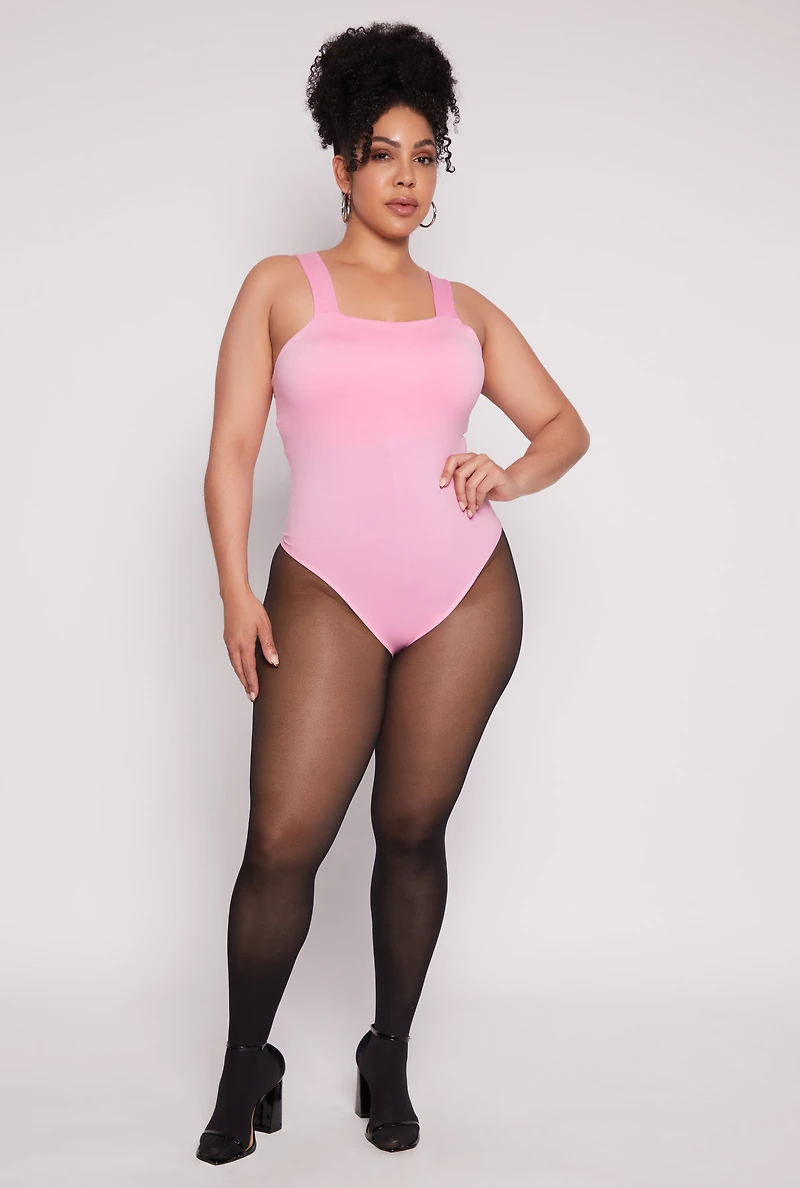 Womens Plus Trendy Seamless Square Neck Shelf Bra Bodysuit, 1X-2X