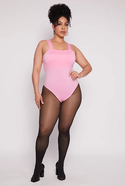 Womens Plus Trendy Seamless Square Neck Shelf Bra Bodysuit, 1X-2X