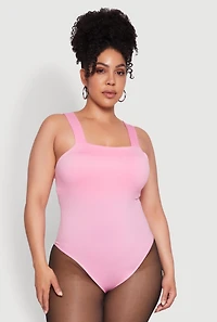 Womens Plus Trendy Seamless Square Neck Shelf Bra Bodysuit, 1X-2X