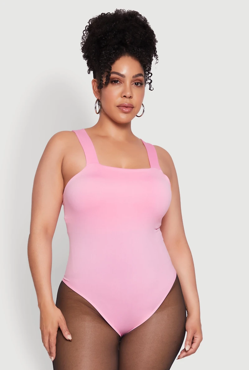 Womens Plus Trendy Seamless Square Neck Shelf Bra Bodysuit, 2X-3X