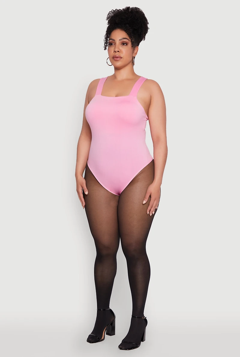 Womens Plus Trendy Seamless Square Neck Shelf Bra Bodysuit, 2X-3X