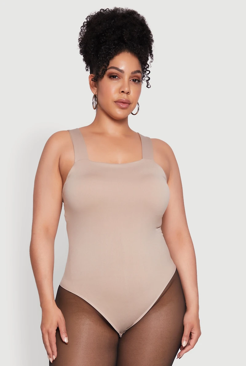 Womens Plus Trendy Seamless Square Neck Shelf Bra Bodysuit,