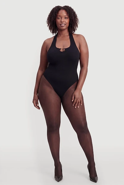 Plus Metallic O Ring Detail Halter Thong Bodysuit