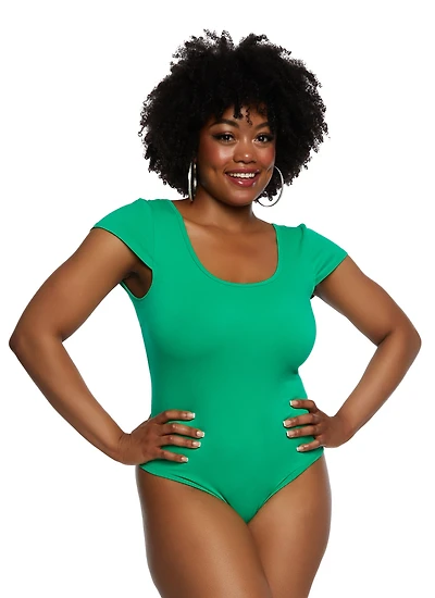 Womens Plus Size Crew Neck Cross Back Bodysuit, Green, Size 1X-2X