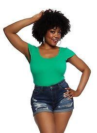 Womens Plus Size Crew Neck Cross Back Bodysuit, Green, Size 1X-2X