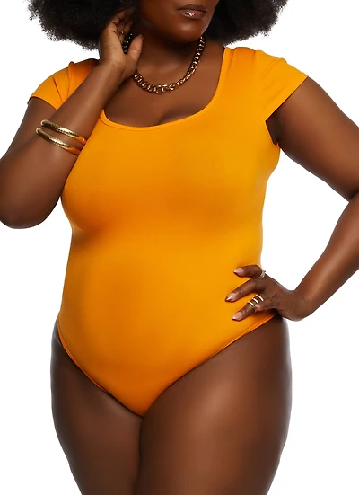 Womens Plus Size Crew Neck Cross Back Bodysuit, Orange, Size 2X-3X
