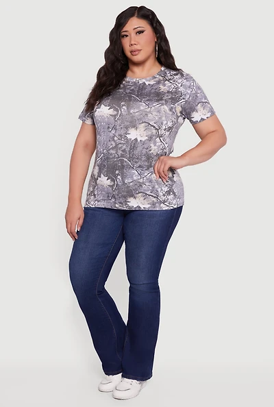 Womens Plus Size Hunter Camo Short Sleeve Crew Neck Tee, Grey, Size 2X
