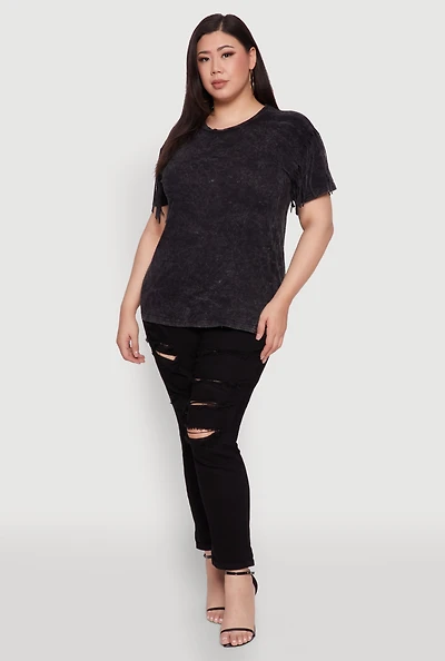 Womens Plus Size Trendy Mineral Wash Fringe Sleeve Tee, Grey, Size 2X