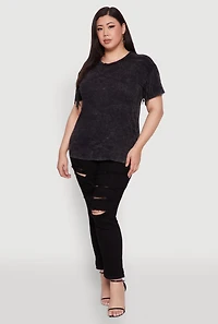 Womens Plus Size Trendy Mineral Wash Fringe Sleeve Tee, Grey, Size 2X