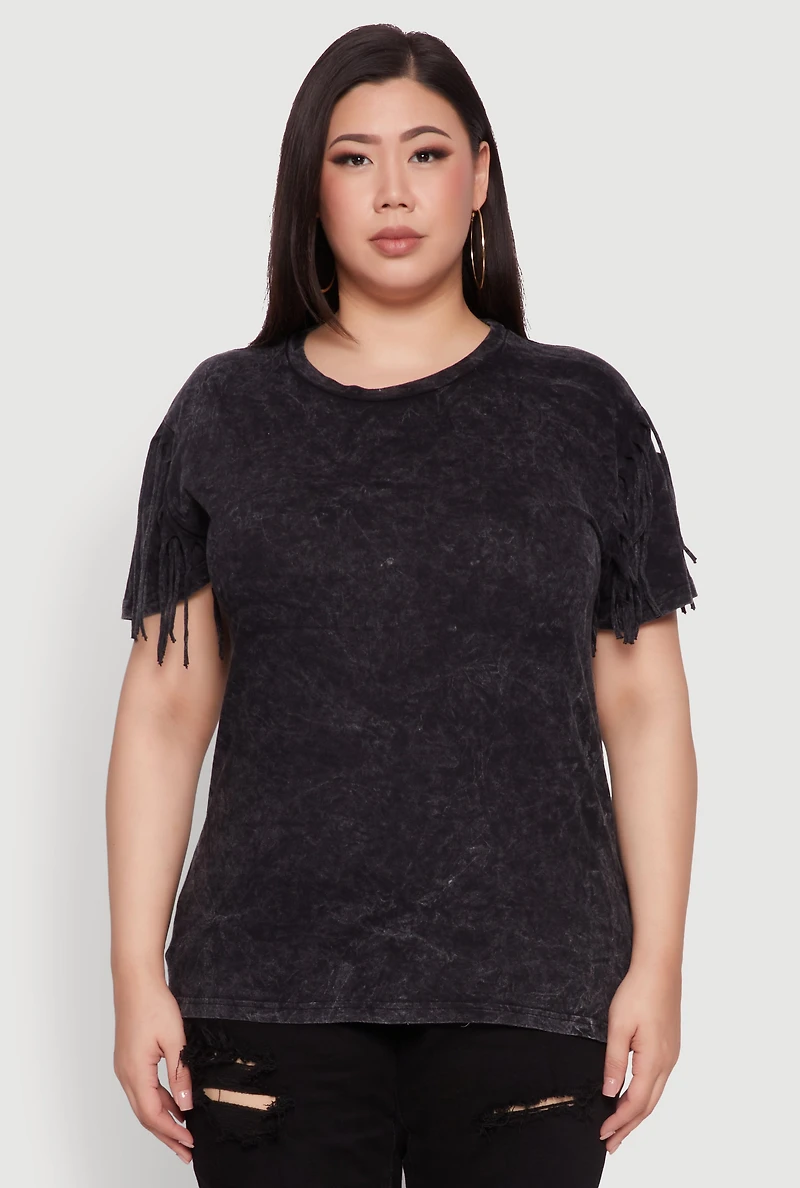 Womens Plus Size Trendy Mineral Wash Fringe Sleeve Tee, Grey, Size 2X