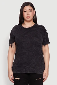 Womens Plus Size Trendy Mineral Wash Fringe Sleeve Tee, Grey, Size 2X