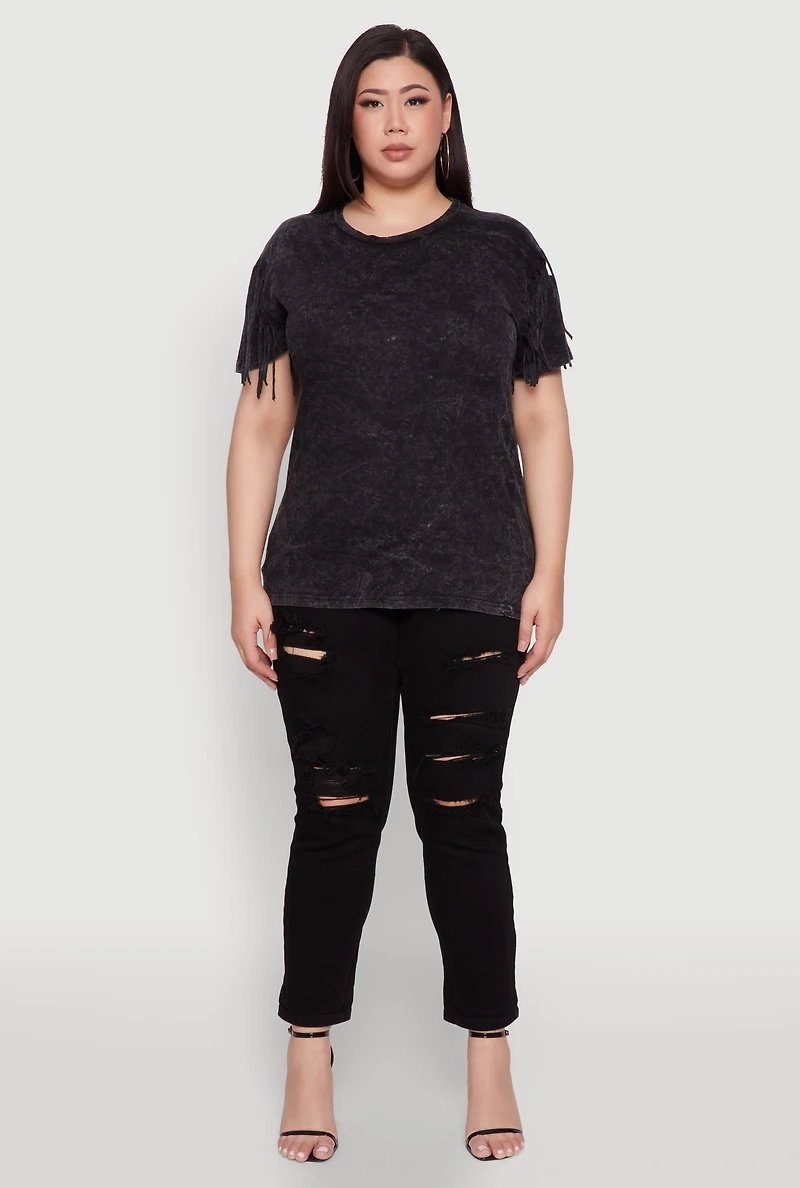 Womens Plus Size Trendy Mineral Wash Fringe Sleeve Tee, Grey, Size 2X