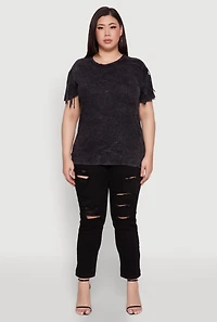 Womens Plus Size Trendy Mineral Wash Fringe Sleeve Tee, Grey, Size 2X