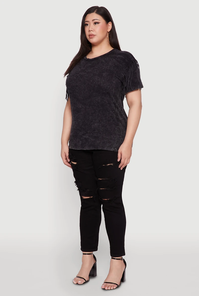 Womens Plus Size Trendy Mineral Wash Fringe Sleeve Tee, Grey, Size 2X