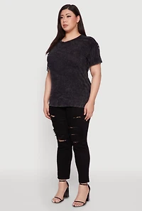 Womens Plus Size Trendy Mineral Wash Fringe Sleeve Tee, Grey, Size 2X