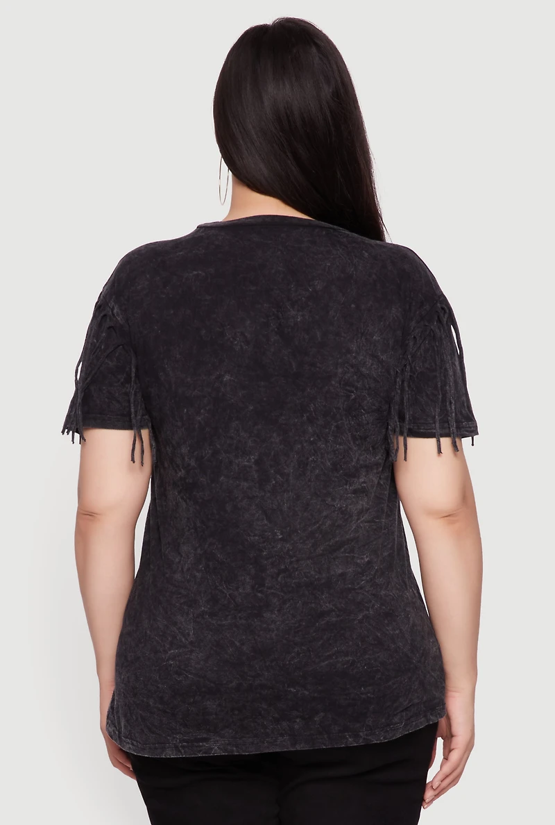 Womens Plus Size Trendy Mineral Wash Fringe Sleeve Tee, Grey, Size 2X