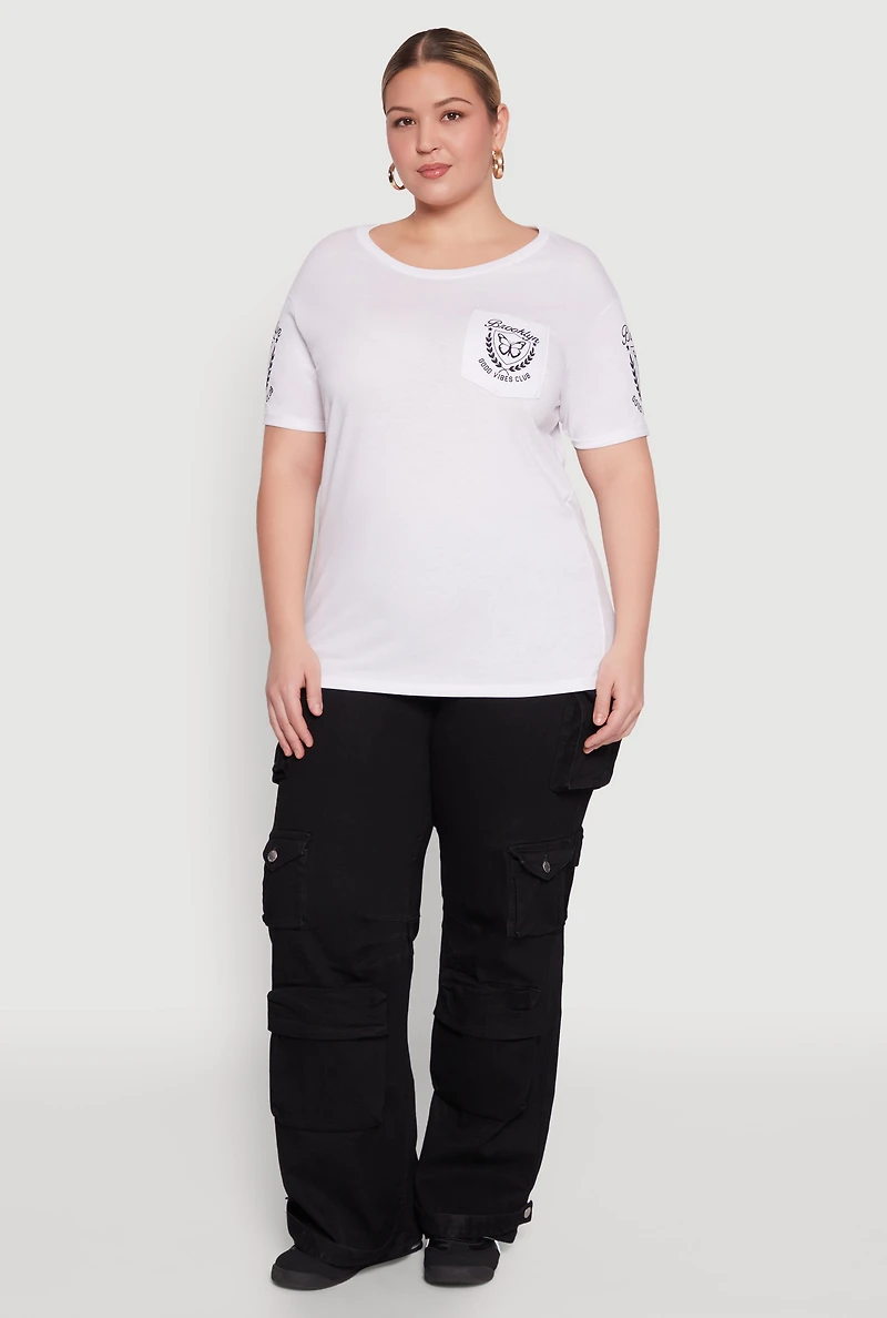 Womens Plus Size Brooklyn Butterfly Good Vibes Club Graphic Tee, White, Size 1X