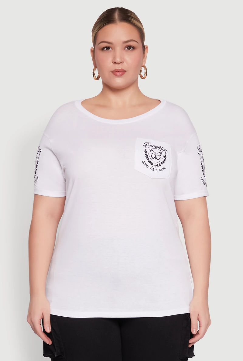 Womens Plus Size Brooklyn Butterfly Good Vibes Club Graphic Tee, White, Size 2X