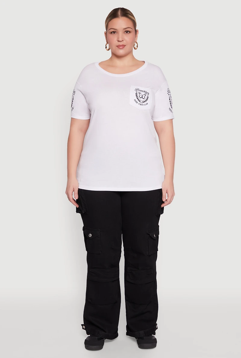 Womens Plus Size Brooklyn Butterfly Good Vibes Club Graphic Tee, White, Size 2X