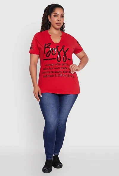 Womens Plus Size Boss Definition Graphic Roll Cuff Tee, Red, Size 1X