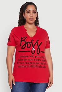 Womens Plus Size Boss Definition Graphic Roll Cuff Tee, Red, Size 3X
