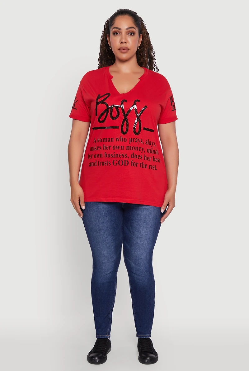 Womens Plus Size Boss Definition Graphic Roll Cuff Tee, Red, Size 3X