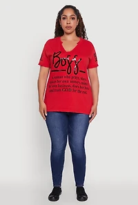 Womens Plus Size Boss Definition Graphic Roll Cuff Tee, Red, Size 1X