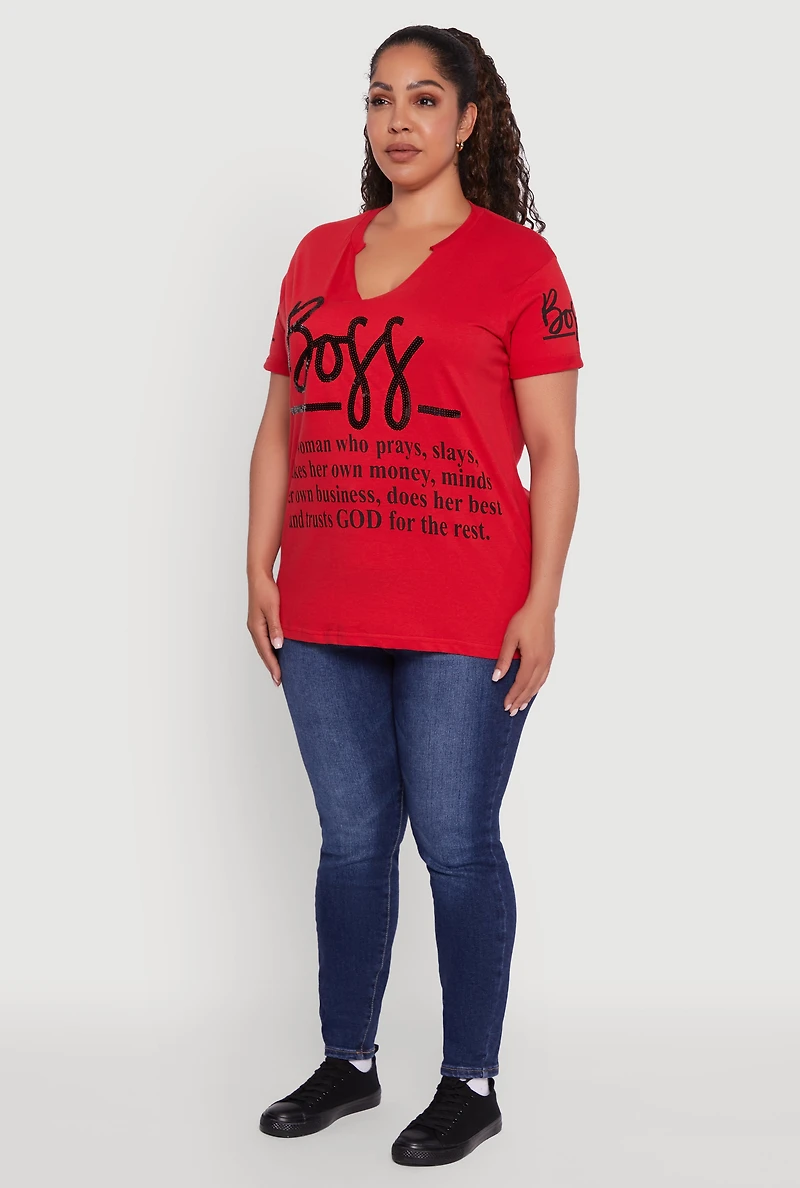 Womens Plus Size Boss Definition Graphic Roll Cuff Tee, Red, Size 3X