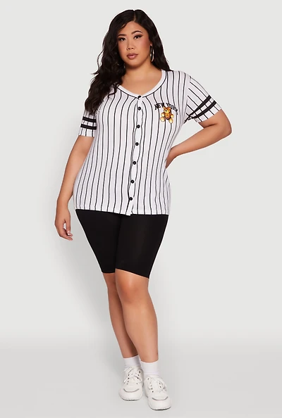 Womens Plus Size New York Bear Graphic Striped Baseball Tee, Multi, Size 1X