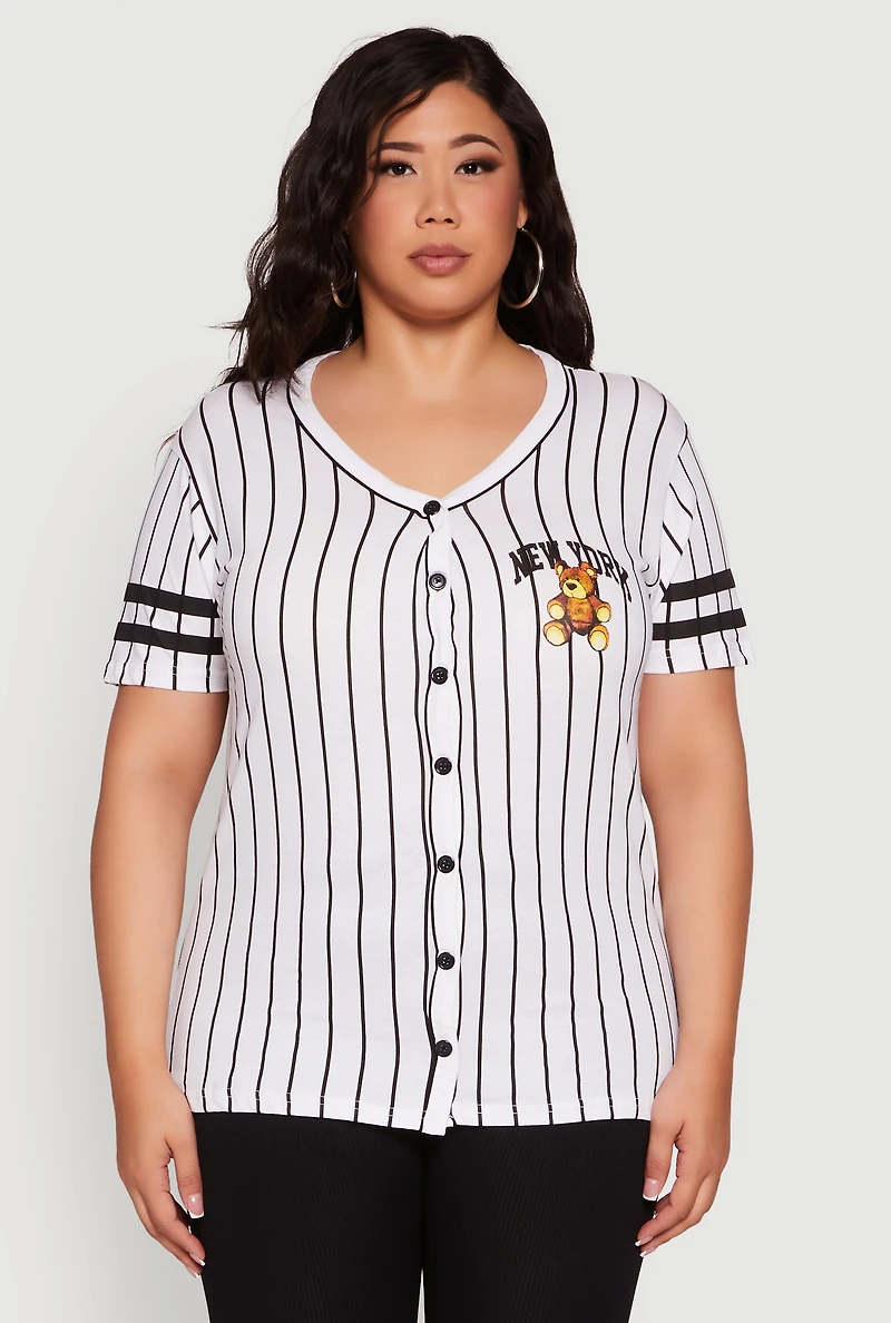 Womens Plus Size New York Bear Graphic Striped Baseball Tee, Multi, Size 3X