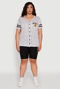 Womens Plus Size New York Bear Graphic Striped Baseball Tee, Multi, Size 1X
