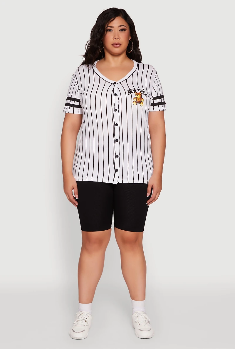 Womens Plus Size New York Bear Graphic Striped Baseball Tee, Multi, Size 3X