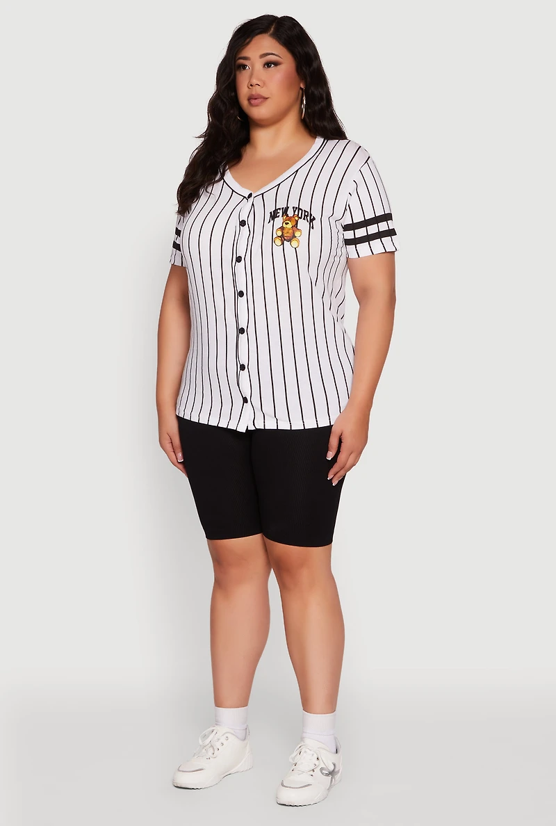 Womens Plus Size New York Bear Graphic Striped Baseball Tee, Multi, Size 3X