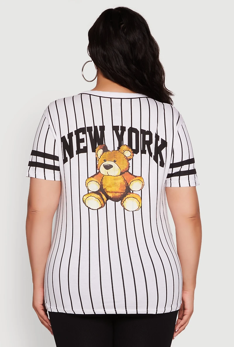 Womens Plus Size New York Bear Graphic Striped Baseball Tee, Multi, Size 3X