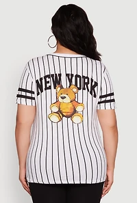 Womens Plus Size New York Bear Graphic Striped Baseball Tee, Multi, Size 3X